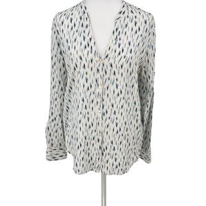 SOFT Joie Blouse Small White Blue Ikat Print Button Front Long Sleeve Rayon Top